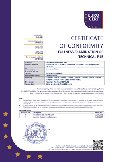 CE Certificate for Ice Ball Machine